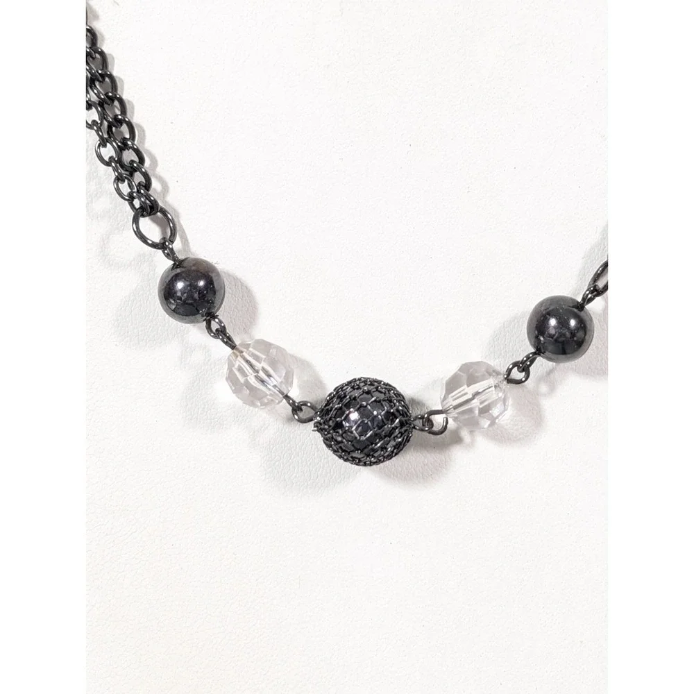 Gunmetal Black & Clear Beaded Necklace Faceted Acrylic Long‎ Layering 30 in